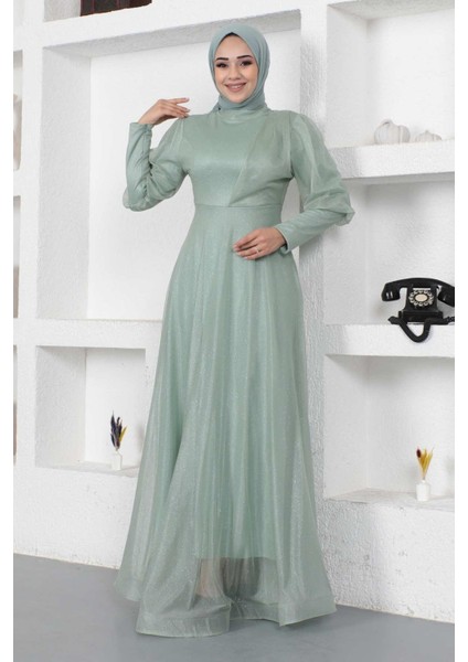 Manşeti Fermuar Detaylı Simli Abiye Mint 12253 modelleri