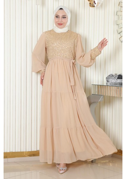 Pulpayetli Şifon Abiye Gold 19187