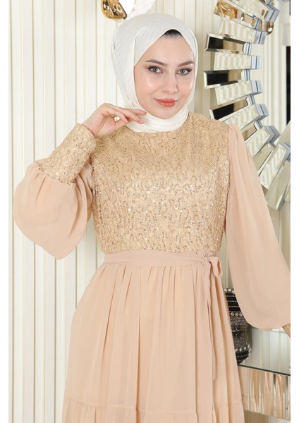 Pulpayetli Şifon Abiye Gold 19187 fiyatları