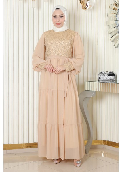 Pulpayetli Şifon Abiye Gold 19187 modelleri