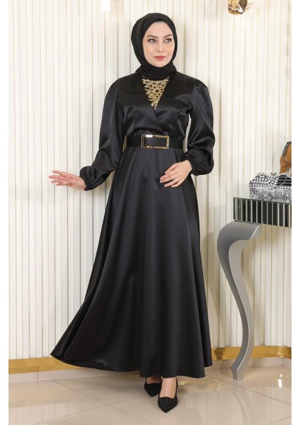Taş Detaylı Saten Abiye Siyah MSW19901