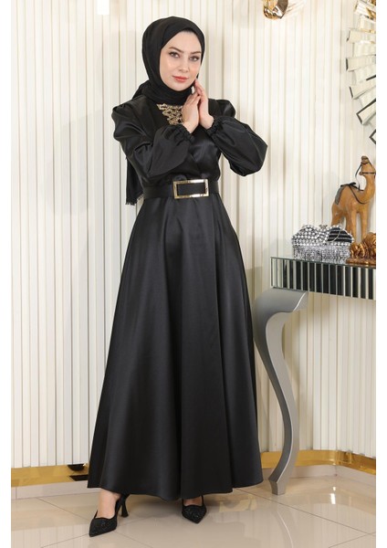 Taş Detaylı Saten Abiye Siyah MSW19901 modelleri