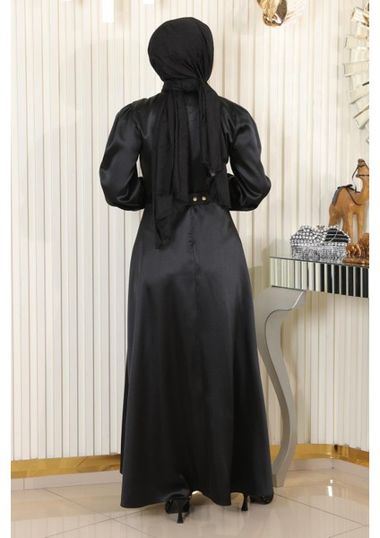 Taş Detaylı Saten Abiye Siyah MSW19901 fırsatları