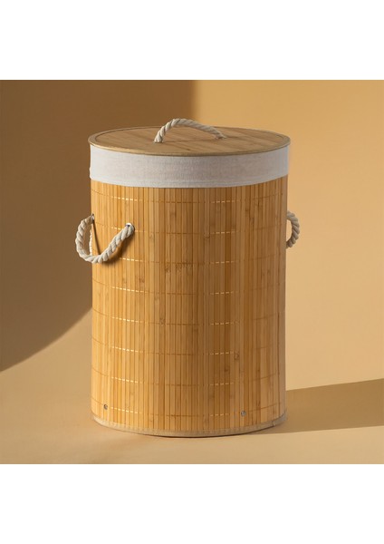 Porsima PBT-052 Kapaklı Kirli Çamaşır Sepeti Yuvarlak - Bambu Kirli Çamaşır Sepeti