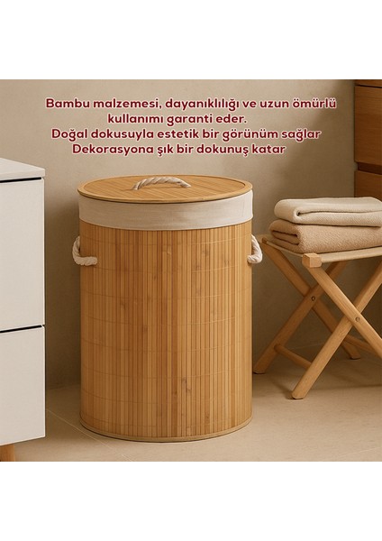 Porsima PBT-052 Kapaklı Kirli Çamaşır Sepeti Yuvarlak - Bambu Kirli Çamaşır Sepeti fiyatları