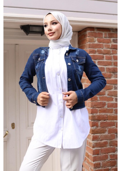 Düğmeli Kot Ceket Koyu Kot 6027