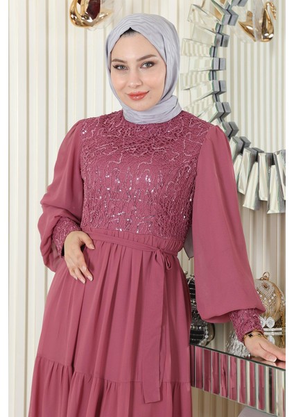 Pulpayetli Şifon Abiye Gül Kurusu 19187 fiyatları