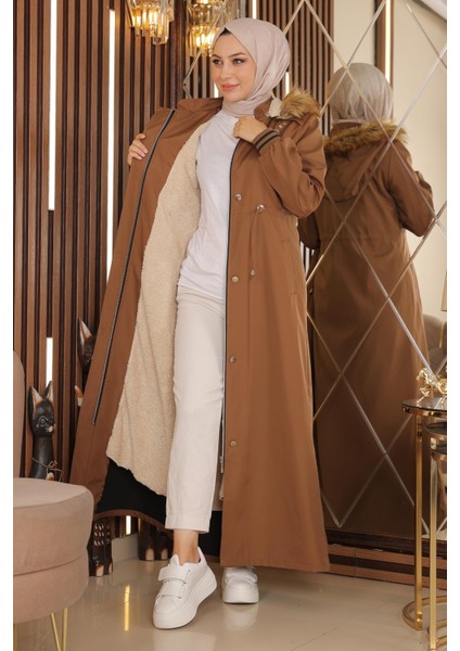 Büyük Beden Kapşonlu Ribanalı Mont Taba 15500