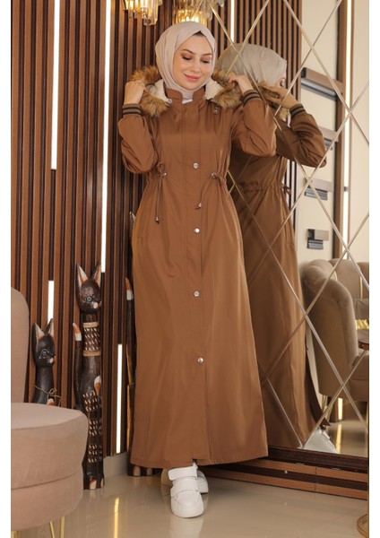 Büyük Beden Kapşonlu Ribanalı Mont Taba 15500 modelleri