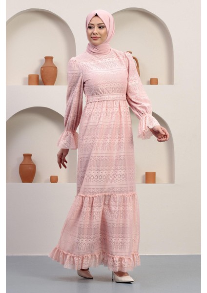 Inci Detaylı Dantel Abiye Pudra 12239
