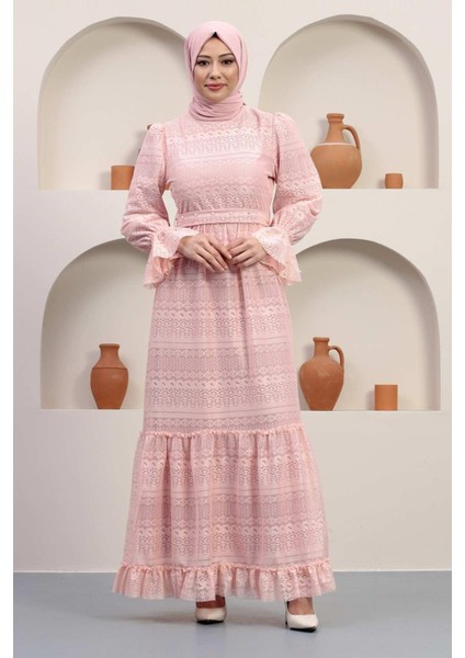 Inci Detaylı Dantel Abiye Pudra 12239 modelleri