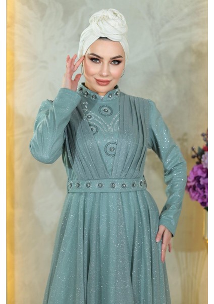 Taş Detaylı Göğsü Drapeli Simli Abiye Mint MSW19188 fiyatları