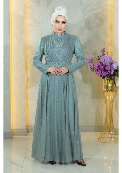 Taş Detaylı Göğsü Drapeli Simli Abiye Mint MSW19188 modelleri