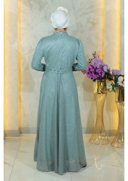 Taş Detaylı Göğsü Drapeli Simli Abiye Mint MSW19188 fırsatları