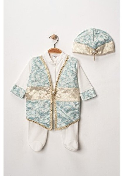 Erkek Bebek Şık Mevlütlük ve Sünnetlik Tulum ve Şapka Seti – Altın Işlemeli