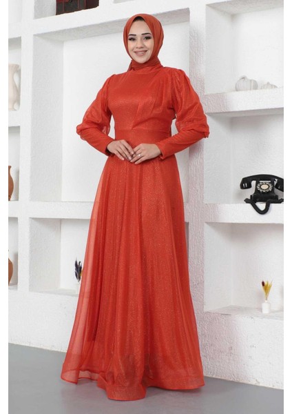 Manşeti Fermuar Detaylı Simli Abiye Kiremit 12253 modelleri