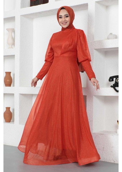 Manşeti Fermuar Detaylı Simli Abiye Kiremit 12253 fırsatları