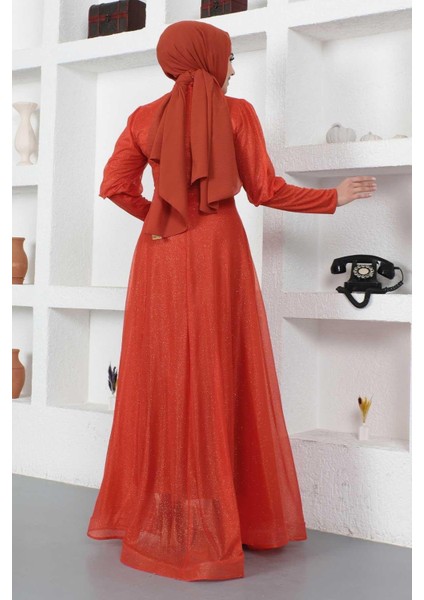 Manşeti Fermuar Detaylı Simli Abiye Kiremit 12253 indirimleri