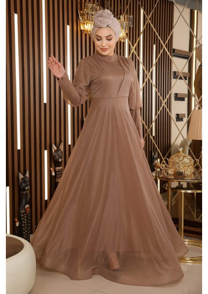 Manşeti Fermuar Detaylı Simli Abiye Vizon 12253