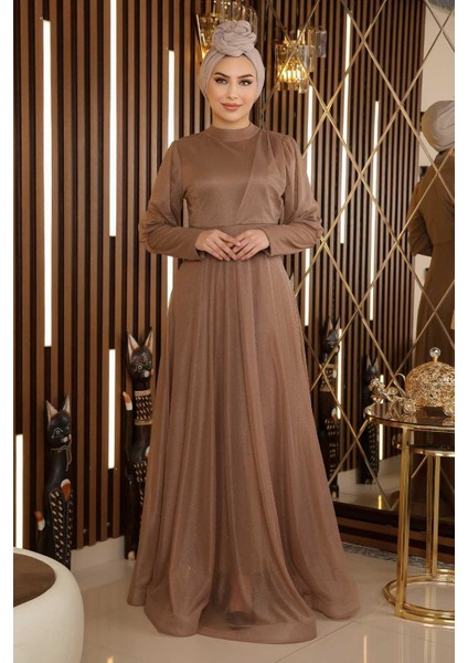 Manşeti Fermuar Detaylı Simli Abiye Vizon 12253 modelleri