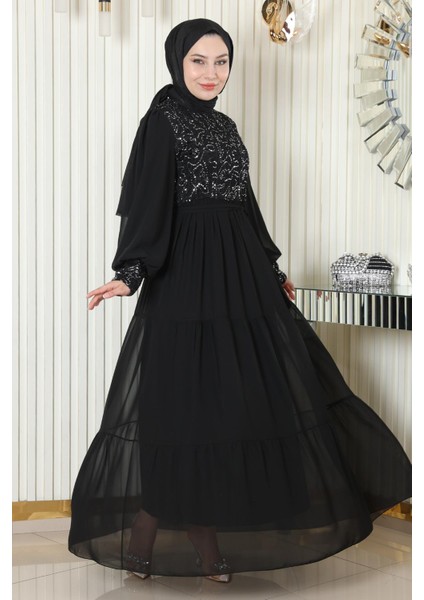 Pulpayetli Şifon Abiye Siyah 19187