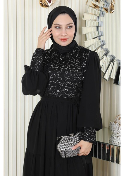 Pulpayetli Şifon Abiye Siyah 19187 fiyatları