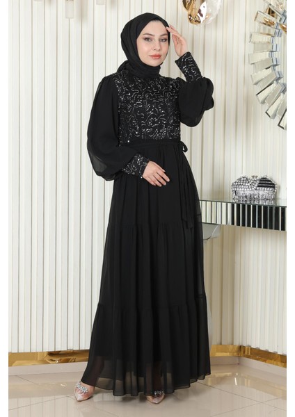 Pulpayetli Şifon Abiye Siyah 19187 modelleri