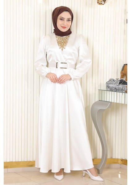 Taş Detaylı Saten Abiye Beyaz MSW19901