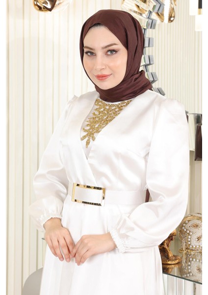 Taş Detaylı Saten Abiye Beyaz MSW19901 fiyatları