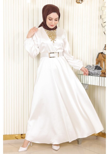 Taş Detaylı Saten Abiye Beyaz MSW19901 modelleri