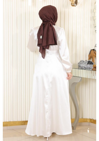 Taş Detaylı Saten Abiye Beyaz MSW19901 fırsatları