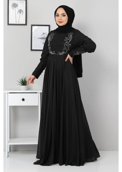 Dantel Detaylı Simli Abiye Siyah 10755