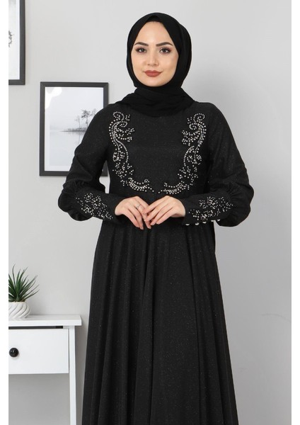 Dantel Detaylı Simli Abiye Siyah 10755 fiyatları