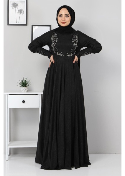 Dantel Detaylı Simli Abiye Siyah 10755 modelleri
