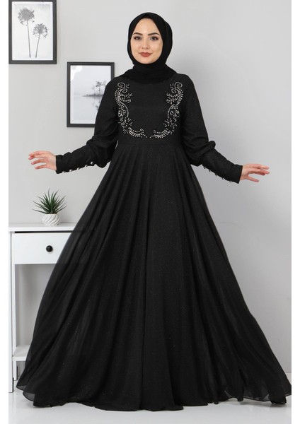 Dantel Detaylı Simli Abiye Siyah 10755 fırsatları