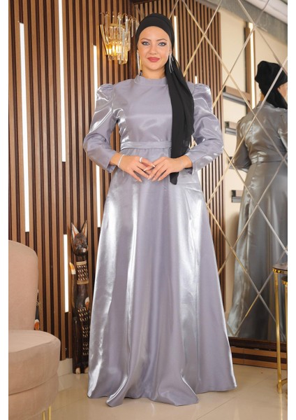 Omuz Büzgülü Büyük Beden Abiye Gri MSW19128