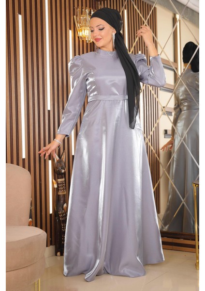 Omuz Büzgülü Büyük Beden Abiye Gri MSW19128 fırsatları