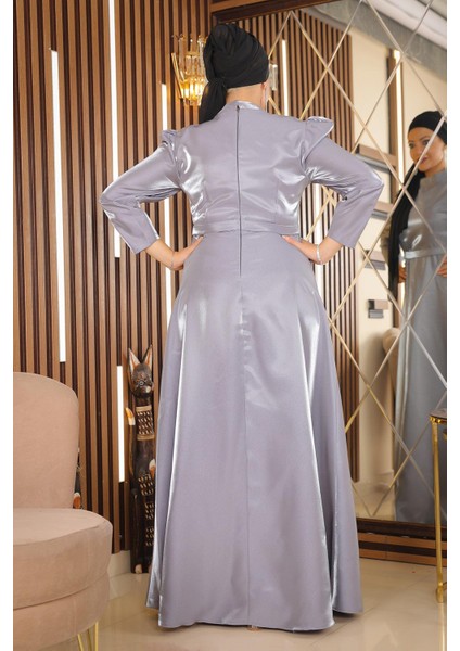 Omuz Büzgülü Büyük Beden Abiye Gri MSW19128 indirimleri