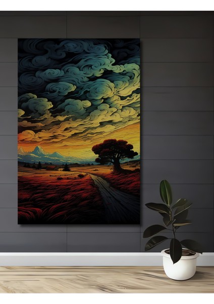 Kızıl Tarlalar Eşliğinde Yolculuk Yağlı Boya Görünümlü Ahşap Tablo Dikdörtgen Tablo