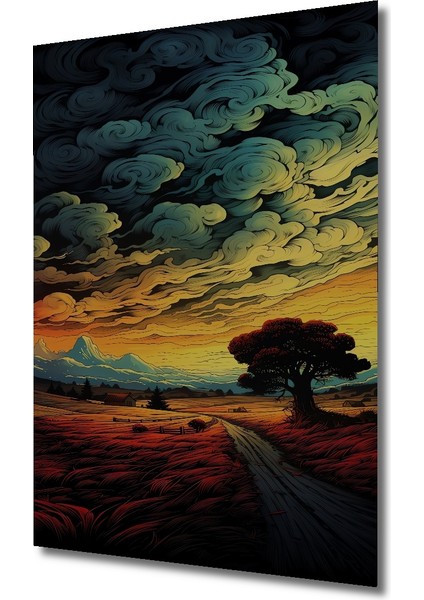 Kızıl Tarlalar Eşliğinde Yolculuk Yağlı Boya Görünümlü Ahşap Tablo Dikdörtgen Tablo modelleri