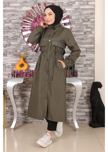 Yazı Detaylı Kapşonlu Mont Haki 15900