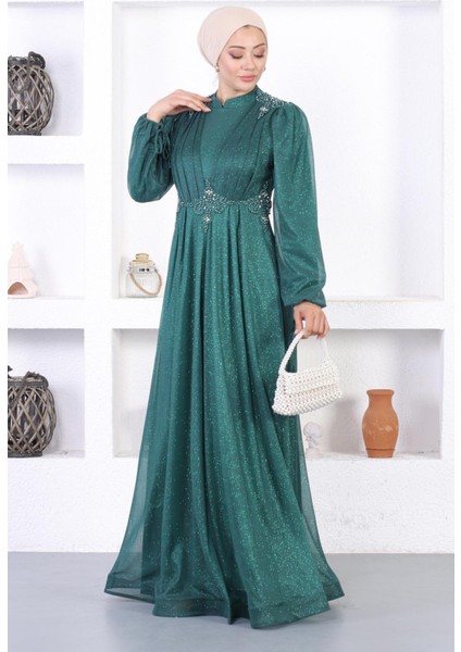 Incili Dantelli Simli Abiye Zümrüt 12252