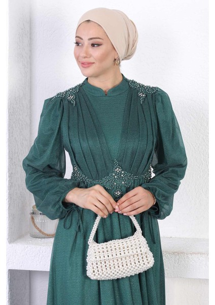 Incili Dantelli Simli Abiye Zümrüt 12252 fiyatları