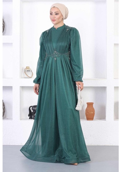 Incili Dantelli Simli Abiye Zümrüt 12252 modelleri