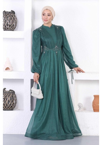 Incili Dantelli Simli Abiye Zümrüt 12252 fırsatları