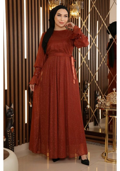 Taş Detaylı Simli Şifon Abiye Kiremit 19113