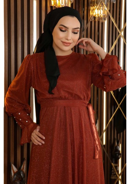 Taş Detaylı Simli Şifon Abiye Kiremit 19113 fiyatları