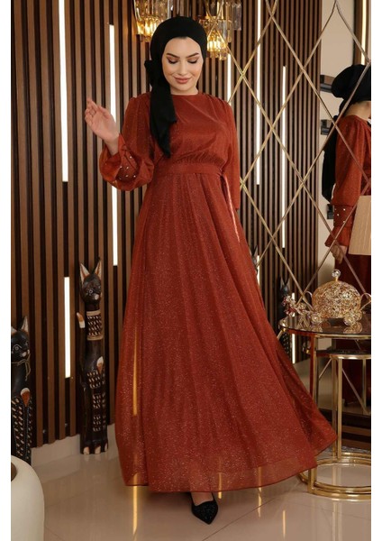 Taş Detaylı Simli Şifon Abiye Kiremit 19113 modelleri