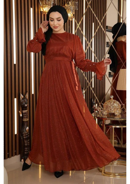 Taş Detaylı Simli Şifon Abiye Kiremit 19113 fırsatları