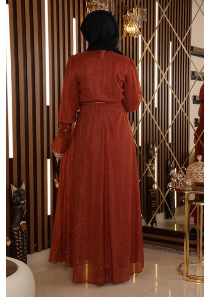 Taş Detaylı Simli Şifon Abiye Kiremit 19113 indirimleri